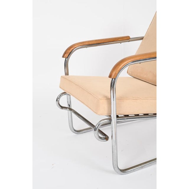 1940s Tubular Chrome and Walnut Armchairs with Suede Upholstery, 1940s, Set of 2 For Sale - Image 5 of 18