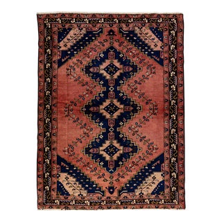 Vintage Handmade Persian Red Geometric Wool Rug 5'1" X 6'10" For Sale