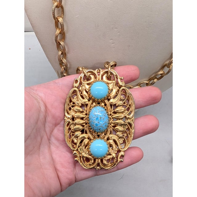 Vintage 1960s Signed Napier Goldtone Cabochon Faux-Turquoise Pendant Necklace For Sale - Image 10 of 10