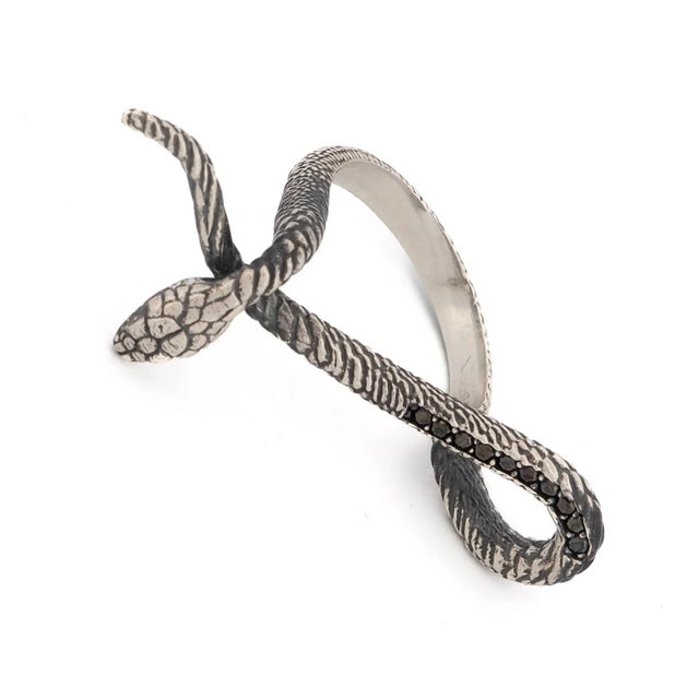 Contemporary Mythology Snake Sterling Silver & Black Diamond Design Ring, Size 6 For Sale - Image 3 of 10