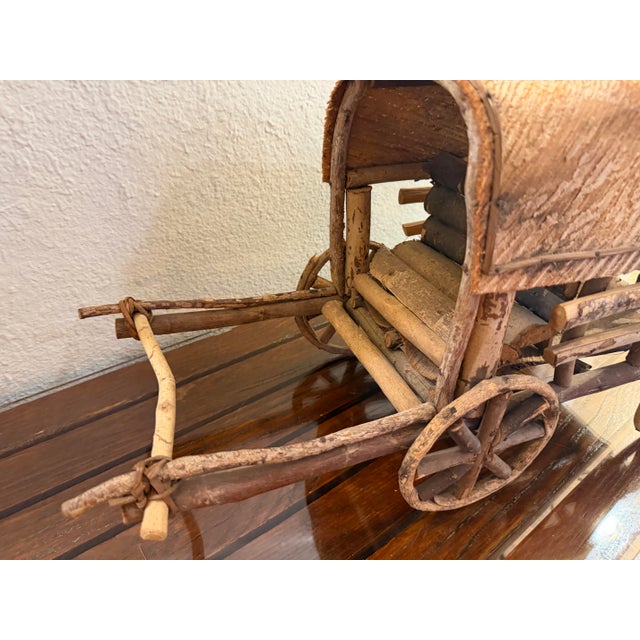 Wood Vintage 1940s Adirondack Western Twig and Bark Handmade Covered Wagon Folk Art With Four Handcarved Wooden Horses and Two Drivers Figures For Sale - Image 7 of 12