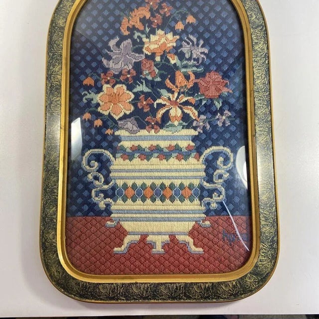 American Vintage 1978 Handmade Crewel Embroidery Floral Bubble Glass Framed Wall For Sale - Image 3 of 6