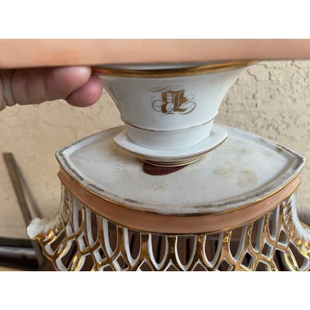 Ceramic French White,Salmon and Gold Pierced Porcelain Compote Basket Centerpiece Bowl For Sale - Image 7 of 8