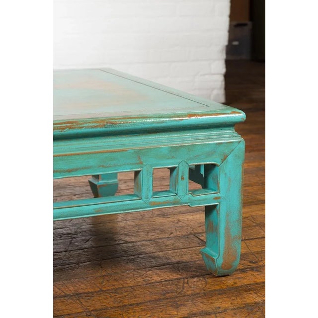 19th Century Chinese Qing Dynasty Low Kang Coffee Table with Custom Aqua Teal Lacquer For Sale - Image 10 of 13