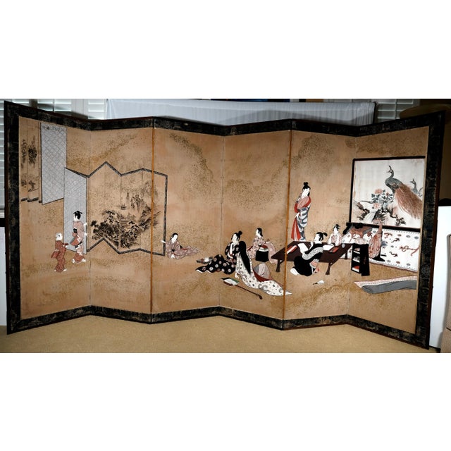 Japanese 6-Panel Byobu Tale of Genji Royal Court Byobu Hand Signed & Painted Restored Folding Divider Screen Late 19th Century For Sale - Image 13 of 13