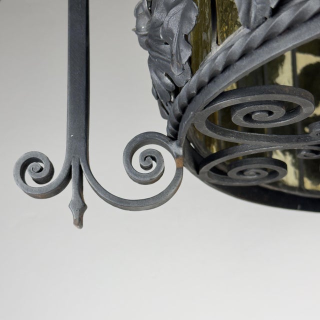 Art Nouveau Revival Wrought Iron Chandelier with Floral Stained Glass, Italy, 1950s For Sale - Image 11 of 18