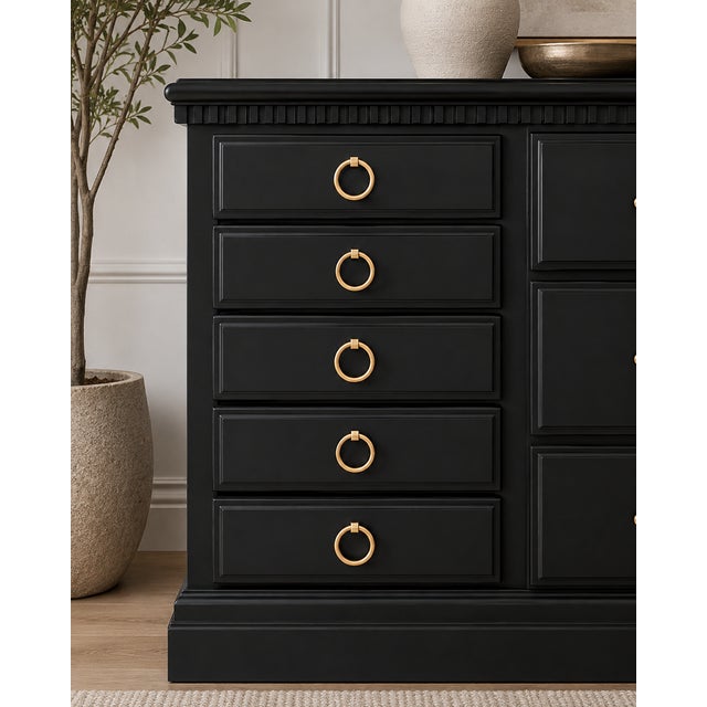 Mid 20th Century Refinished Black Dresser With Brass Ring Hardware-Modern Classic 9-Drawer Statement Piece For Sale - Image 5 of 7