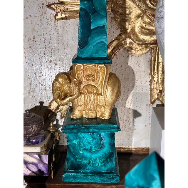 Green Pair of Grand Tour Faux Malachite Hand Painted & Gilded Obelisks of Minerva For Sale - Image 8 of 13