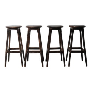 Mid 20th Century Set of 4 Vintage Wooden Bar Stools For Sale