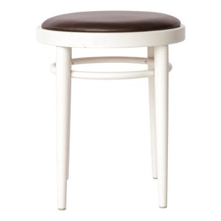 Vintage Stool in White Lacquered Wood and Brown Leather from Thonet, 1990s For Sale