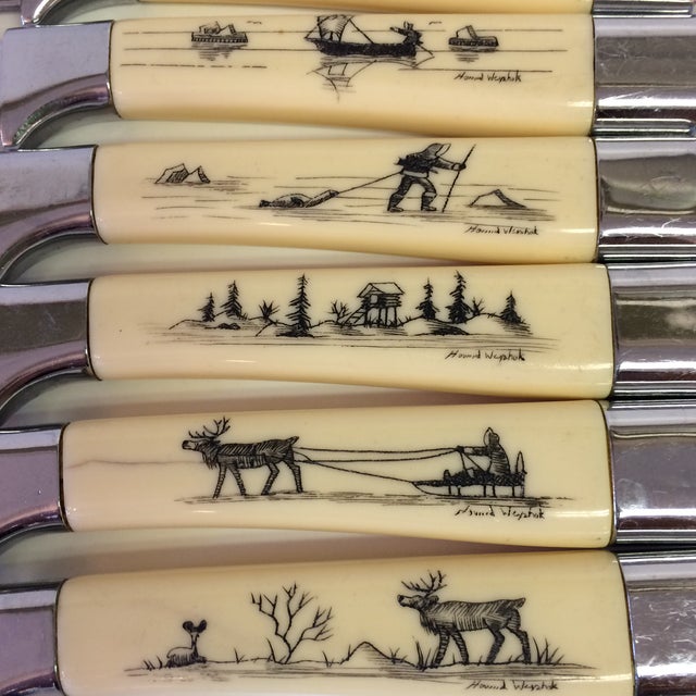 Vintage Cutlery Set of 8 by Howard Weyahok Alaskan Scenes Scrimshaw