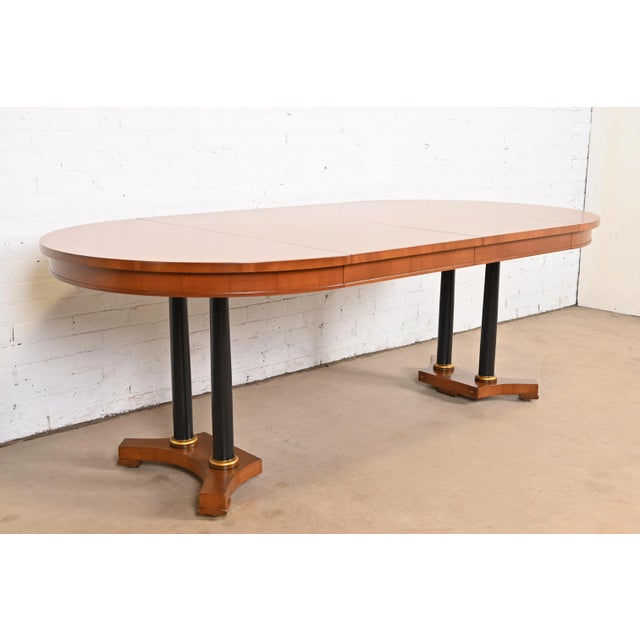 Neoclassical Baker Furniture Neoclassical Cherry Wood and Parcel Ebonized Pedestal Extension Dining Table, Newly Refinished For Sale - Image 3 of 12