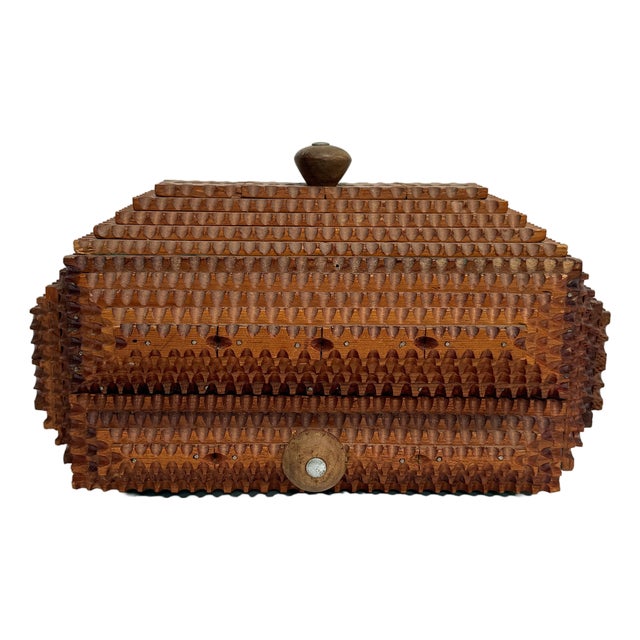 Tramp Art Lidded Jewelry Box With Drawer For Sale