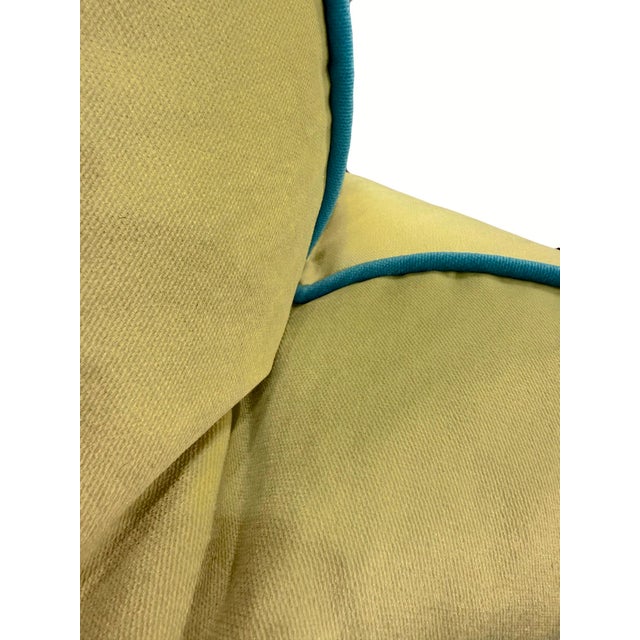 Transitional Chartreuse Velvet With Turquoise Trim Sofa Pillows - A Pair For Sale - Image 3 of 4