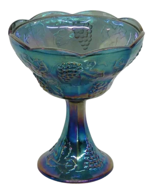 Indiana Harvest Grape Style Blue Carnival Glass Compote Candy Dish Bowlb