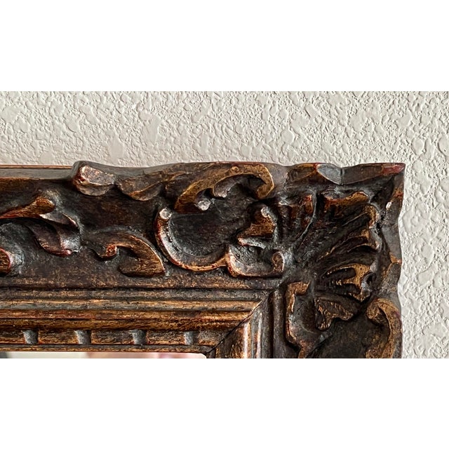 Wood 1990s Beveled Ornate Carved Wood Wall Mirror For Sale - Image 7 of 11