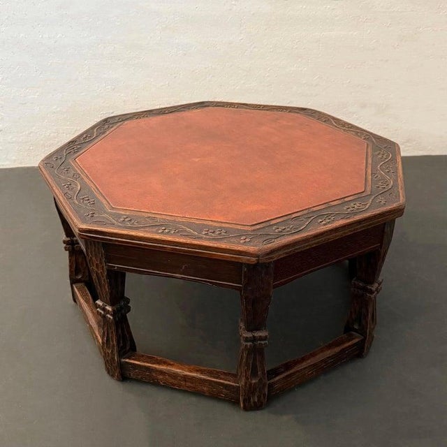 Rustic 1950s Romweber Furniture Co. Octagonal Oak and Leather Coffee Table For Sale - Image 3 of 10