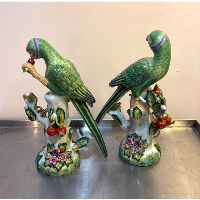 Ceramic Wong Lee Style Green Chinoiserie Parrot Sculptures, Set of 2 For Sale - Image 7 of 8