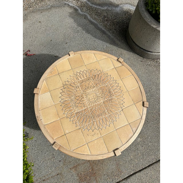 Vintage Round Carved Wood Coffee Table With Tiled Inlay Top For Sale - Image 16 of 16