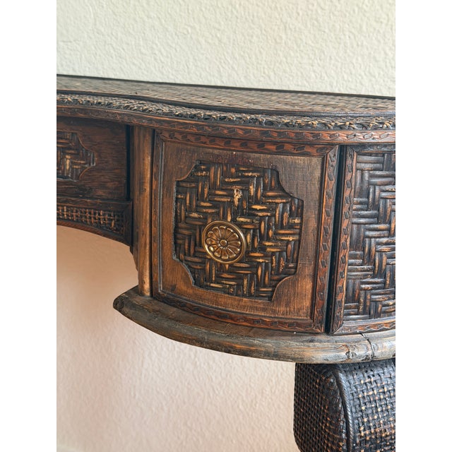Wood Vintage Ornately Carved Wood Console Table With Basket-Weave Detailing For Sale - Image 7 of 10