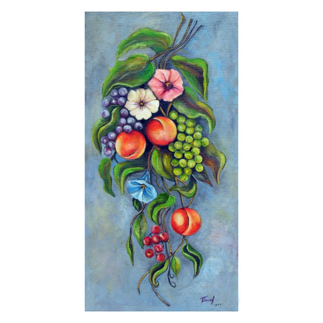 Wonderful mid century vertical still life with folk-art feel and vibrant colors by T. Tinney (American, 20th Century)...