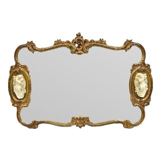 Vintage French Rococo Large Gold Wall Mirror With Bisque Figural Lovers Plaques For Sale