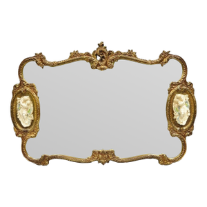 Vintage French Rococo Large Gold Wall Mirror With Bisque Figural Lovers Plaques