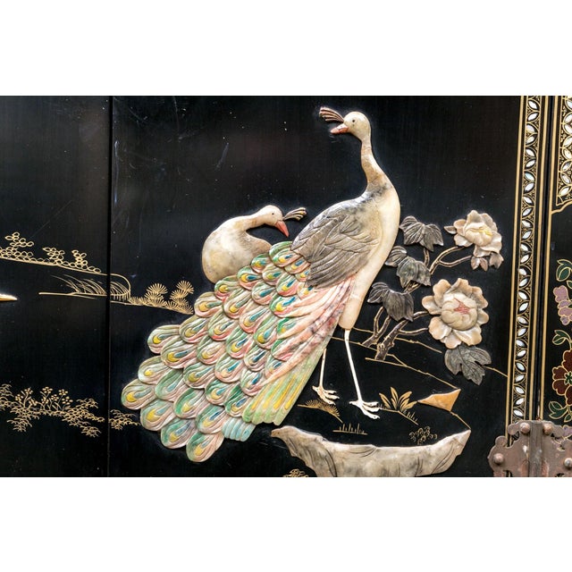 Chinese Black Lacquer Cabinet With Carved Hardstone and Mother-of-Pearl Inlay, Circa 1930 For Sale - Image 9 of 12