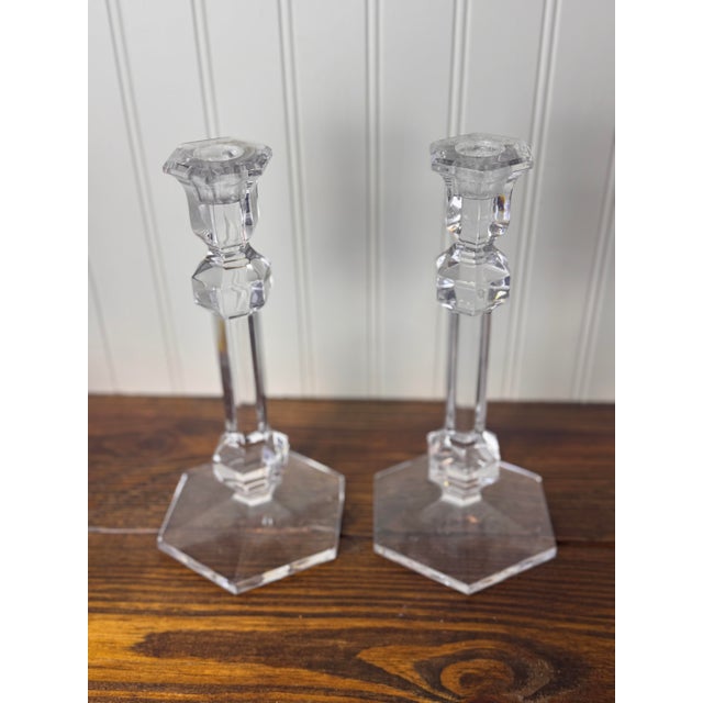 Art Deco Val Saint-Lambert Signed Belgian Crystal Candlesticks, Pair, 9" Tall, Late 20th Century For Sale - Image 3 of 5
