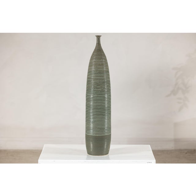 Tall Artisan Ceramic Hand-Crafted Vase with Ribbed Body and Green Glaze For Sale - Image 9 of 16