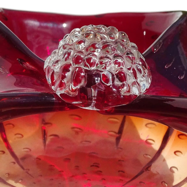 Vetreria Fratelli Toso Vintage Murano Red Orange Amberina Controlled Bubbles Italian Art Glass Basket Shape Bowl For Sale - Image 4 of 6