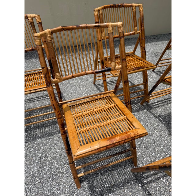 1990s Boho Chic Rattan Burnt Finish Folding Dining Chairs - Set of 10 For Sale - Image 10 of 15