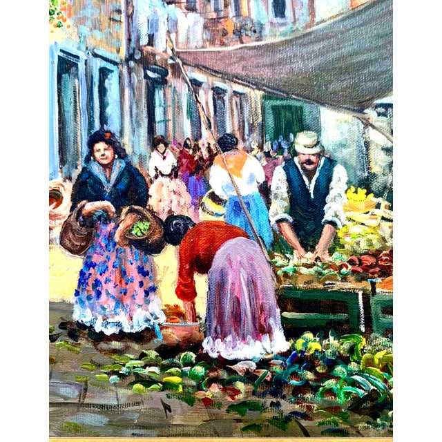 Textile 1980s Impressionist Oil Painting of a Village Market, Original Folk Art, Framed, 24"h For Sale - Image 7 of 8