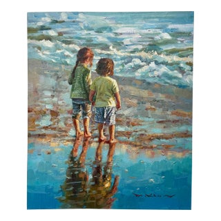 Children at the Seashore" Original Oil Painting - Contemporary Impressionist Beach Scene, Unstretched For Sale
