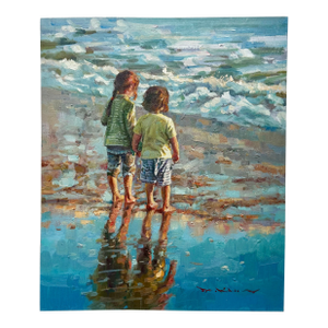 Children at the Seashore" Original Oil Painting - Contemporary Impressionist Beach Scene, Unstretched