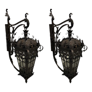 Pair of Antique French Large Iron Outdoor Gas Lanterns