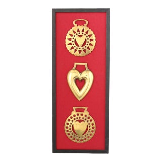 Framed Antique English Horse Brass "Heart" Trio For Sale