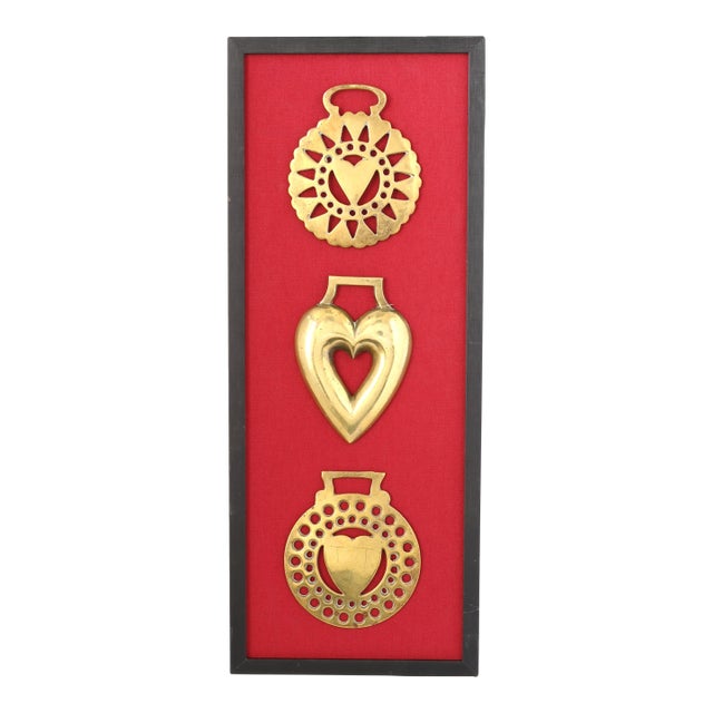 Framed Antique English Horse Brass "Heart" Trio For Sale