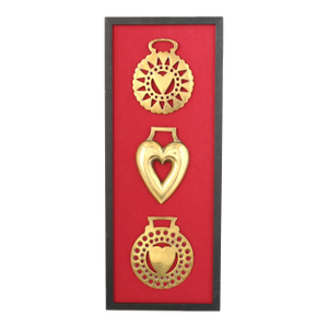 Framed Antique English Horse Brass "Heart" Trio
