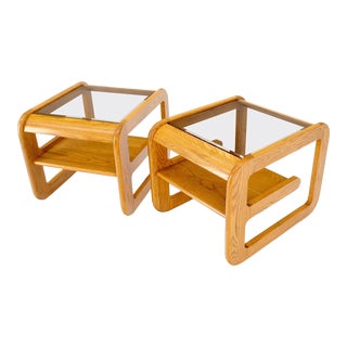 Mid-Century Solid Oak Smoked Glass Top End Side Tables W Shelves - A Pair For Sale