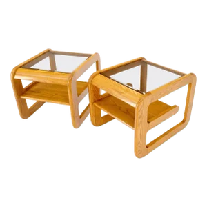 Mid-Century Solid Oak Smoked Glass Top End Side Tables W Shelves - A Pair