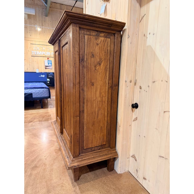 Rustic Antique Pine Armoire Cabinet With Paneled Doors and Plinth Base For Sale - Image 3 of 9