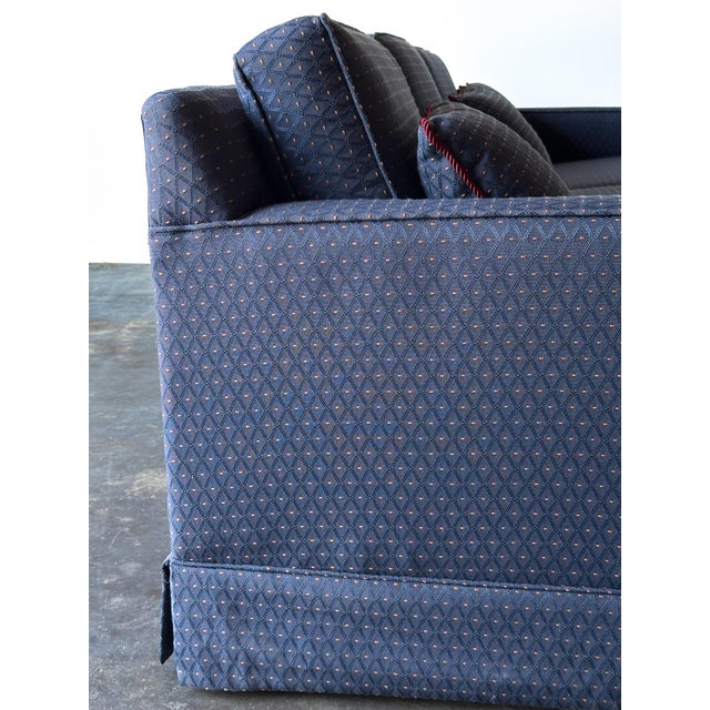 1960s Vintage Mid-Century Navy Jacquard Skirted Tuxedo Sofa For Sale - Image 17 of 18