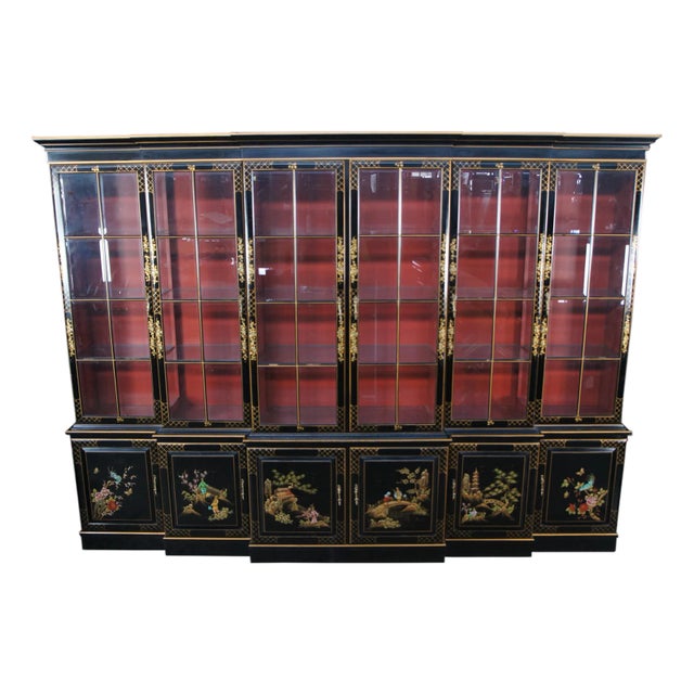 Union National Black Lacquered Chinoiserie Breakfront China Display Cabinet For Sale
