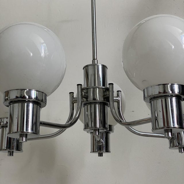 Metal Vintage Chrome and White Glass Pendant Light, 1970s For Sale - Image 7 of 12