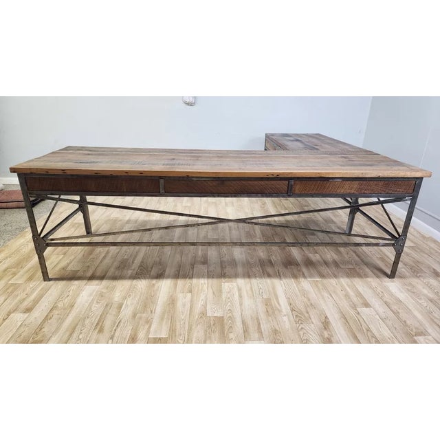 Brutalist L-Shaped Desk Metal Wood Custom Welded Rivets For Sale - Image 11 of 12