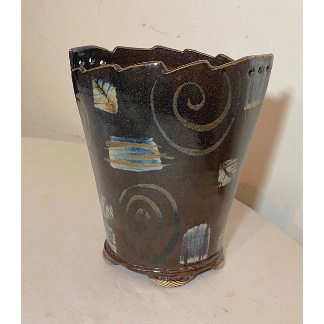 Tall Unique Vintage Handmade Signed Rs Glazed Brown Swirl Art Pottery Vase For Sale - Image 12 of 14
