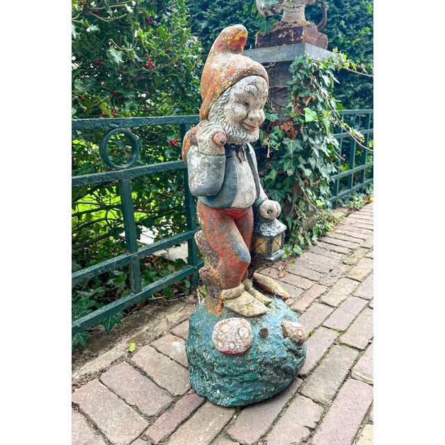 Mid-Century Modern Vintage Concrete Garden Gnome with Weathered Polychrome Paint, 1950s For Sale - Image 3 of 13