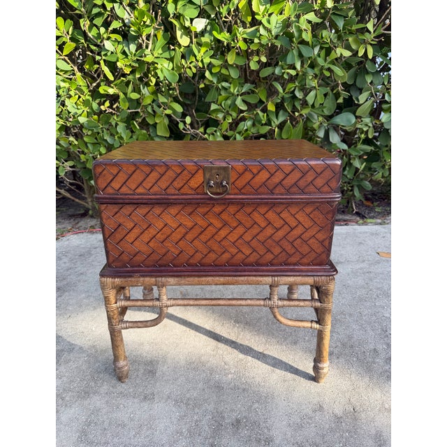 Contemporary Vintage Faux Bamboo Leather Wrapped Storage Chest End Table Attributed to Maitland-Smith For Sale - Image 3 of 12