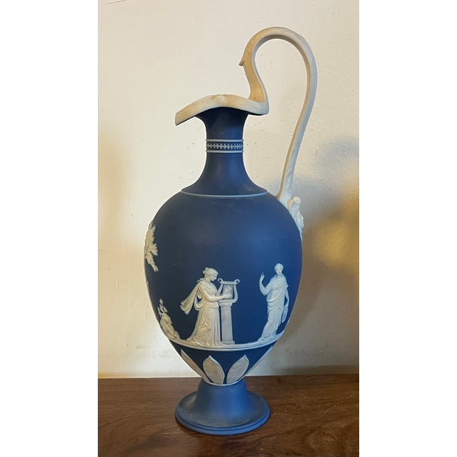 Blue Antique 19th Century Wedgwood Dark Blue Jasperware Oinoche Vase, Urn or Ewer Decorated With Apollo and the Muses Circa 1850 For Sale - Image 8 of 18